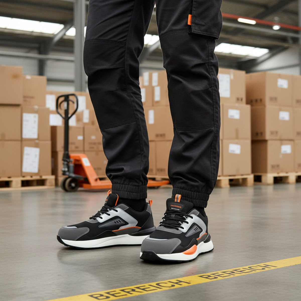 RewanPro Grunding – lekkie buty robocze S3, czarno-szare, mężczyzna w magazynie
