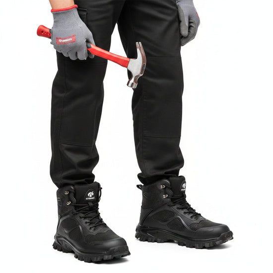 RewanPro Ammut – buty robocze S3, czarne, scena robocza z młotkiem