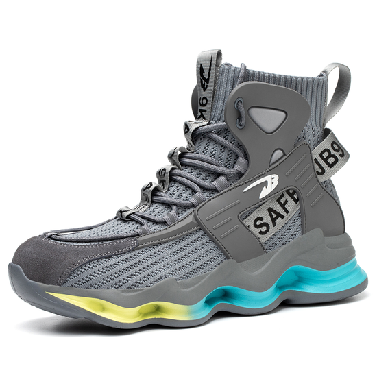 Buty robocze S1 high-top szare, podeszwa Kevlar i stalowy podnosek – widok z boku