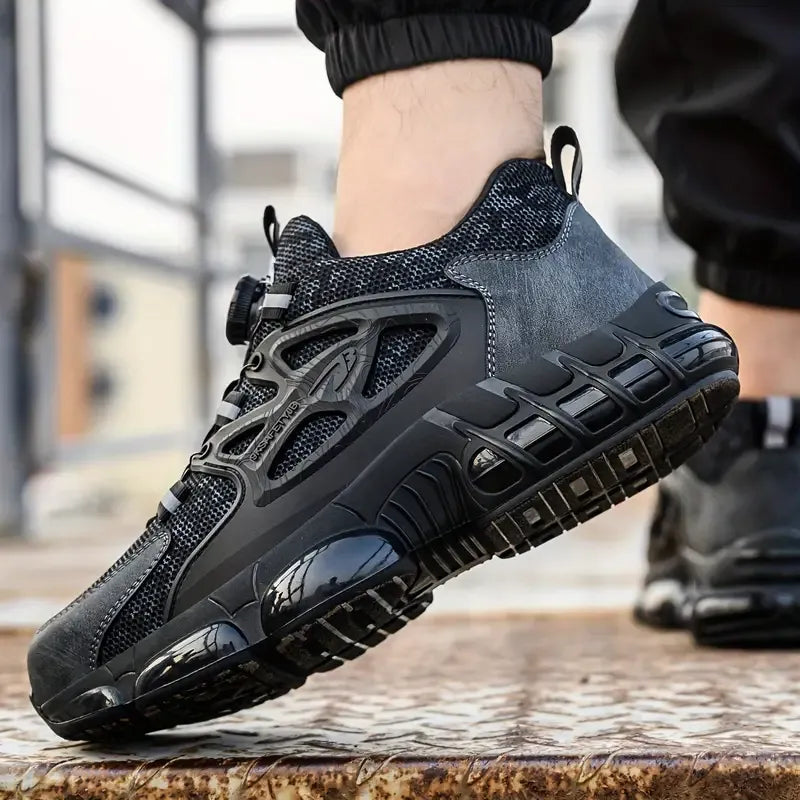 RewanPro Hurricane – czarne buty w użyciu, krok na metalowych schodach, poduszka Air w pięcie
