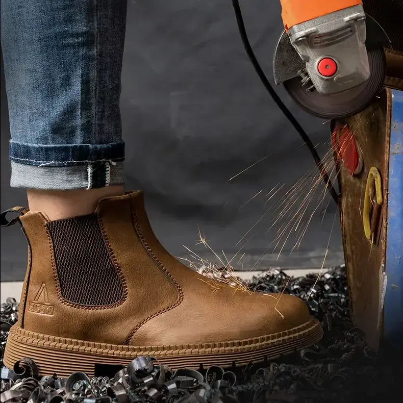 RewanPro Kevlar S3 - brązowy but noszony na mokrym żwirze, zastosowanie outdoor