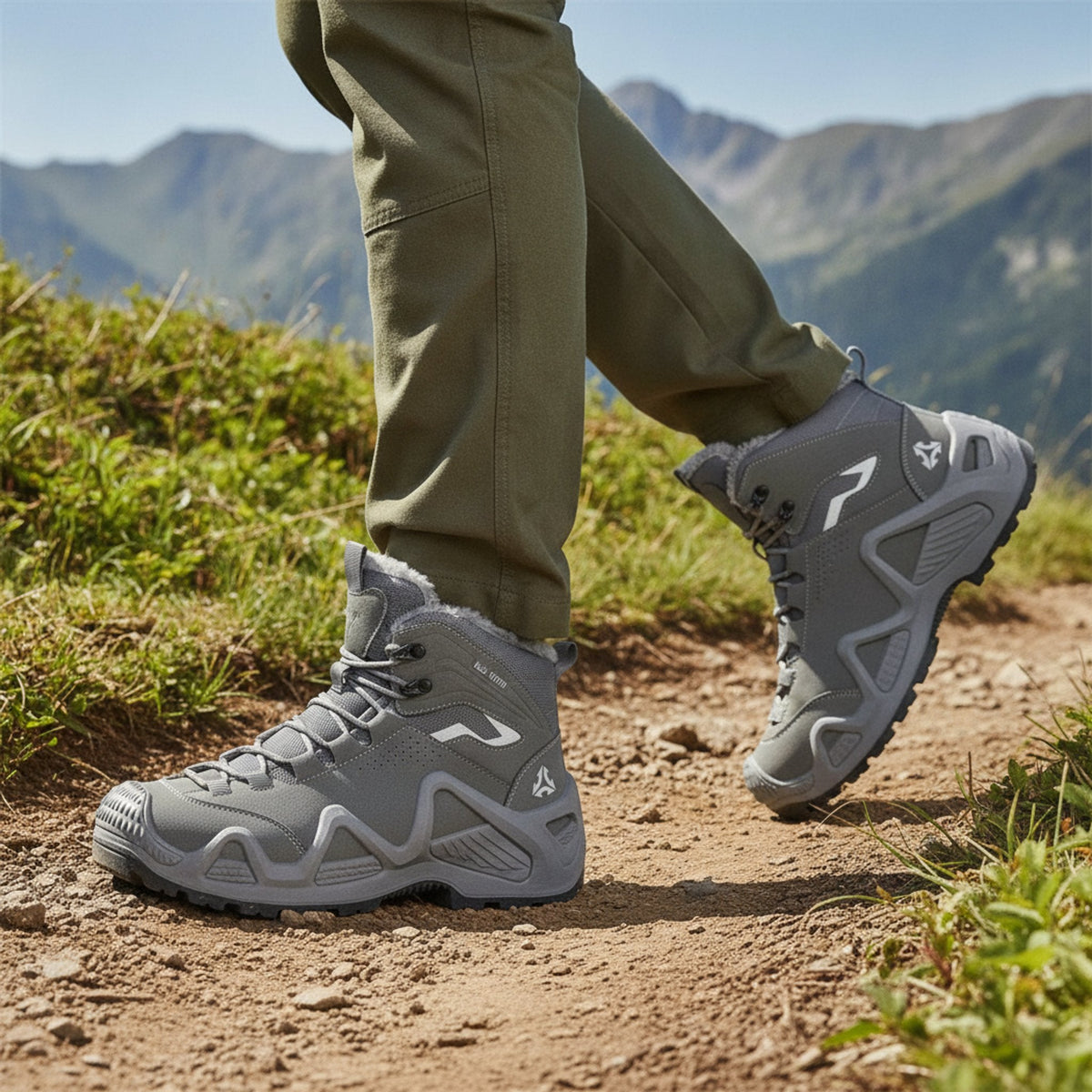 RewanPro Mount 2.0 – ocieplane buty trekkingowe, szare, krok na szlaku, widok z boku