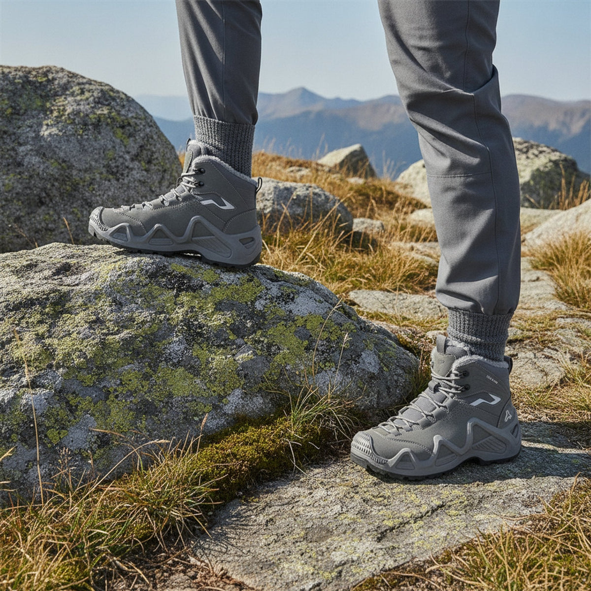 RewanPro Mount 2.0 – ocieplane buty trekkingowe, szare, stopa na skale na górskim szlaku