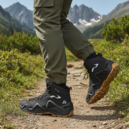 RewanPro Mount 2.0 – ocieplane buty trekkingowe, czarne, krok na szlaku, widok z boku