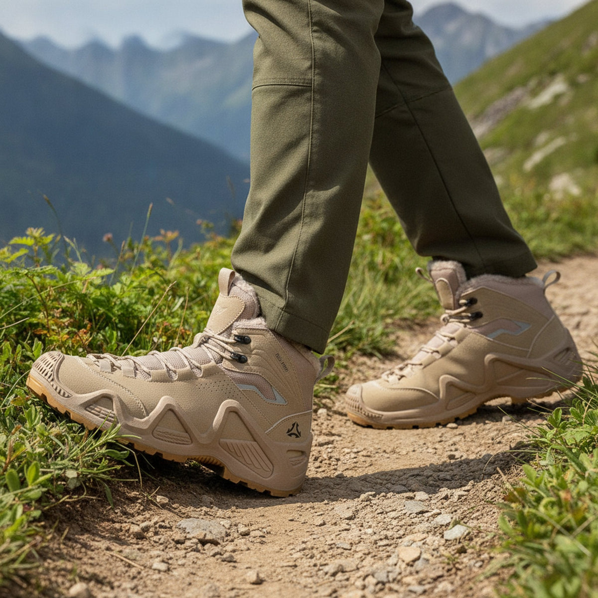 RewanPro Mount 2.0 – ocieplane buty trekkingowe, beżowe, krok na szlaku, widok z boku