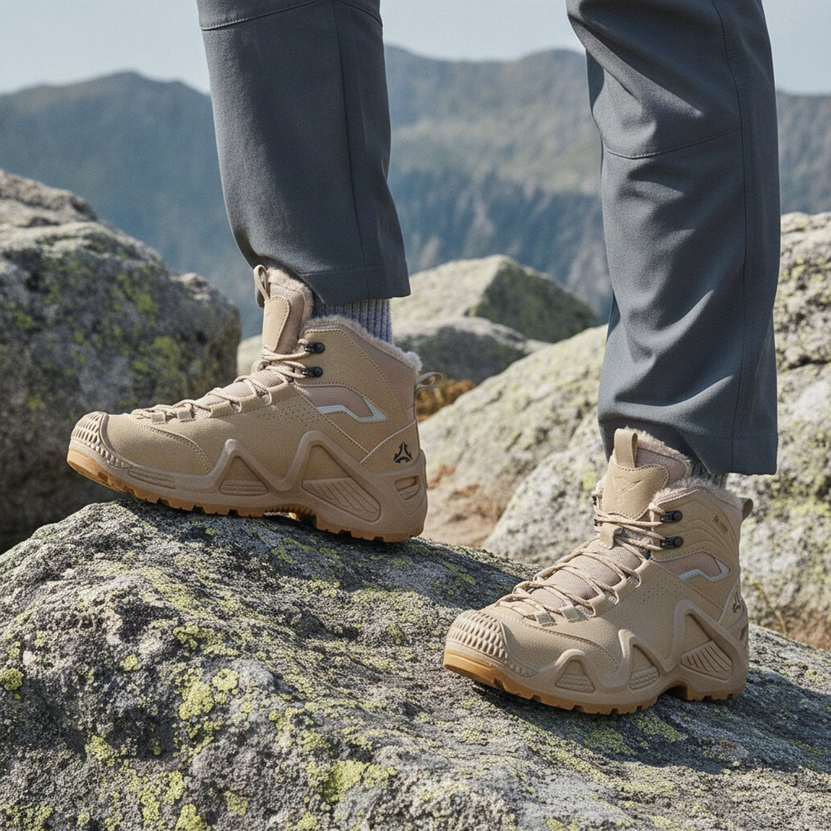 RewanPro Mount 2.0 – ocieplane buty trekkingowe, beżowe, stopa na skale na górskim szlaku