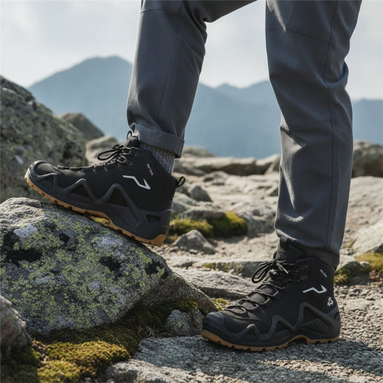 RewanPro Mount – buty trekkingowe, czarne, stopa na skale na górskim szlaku