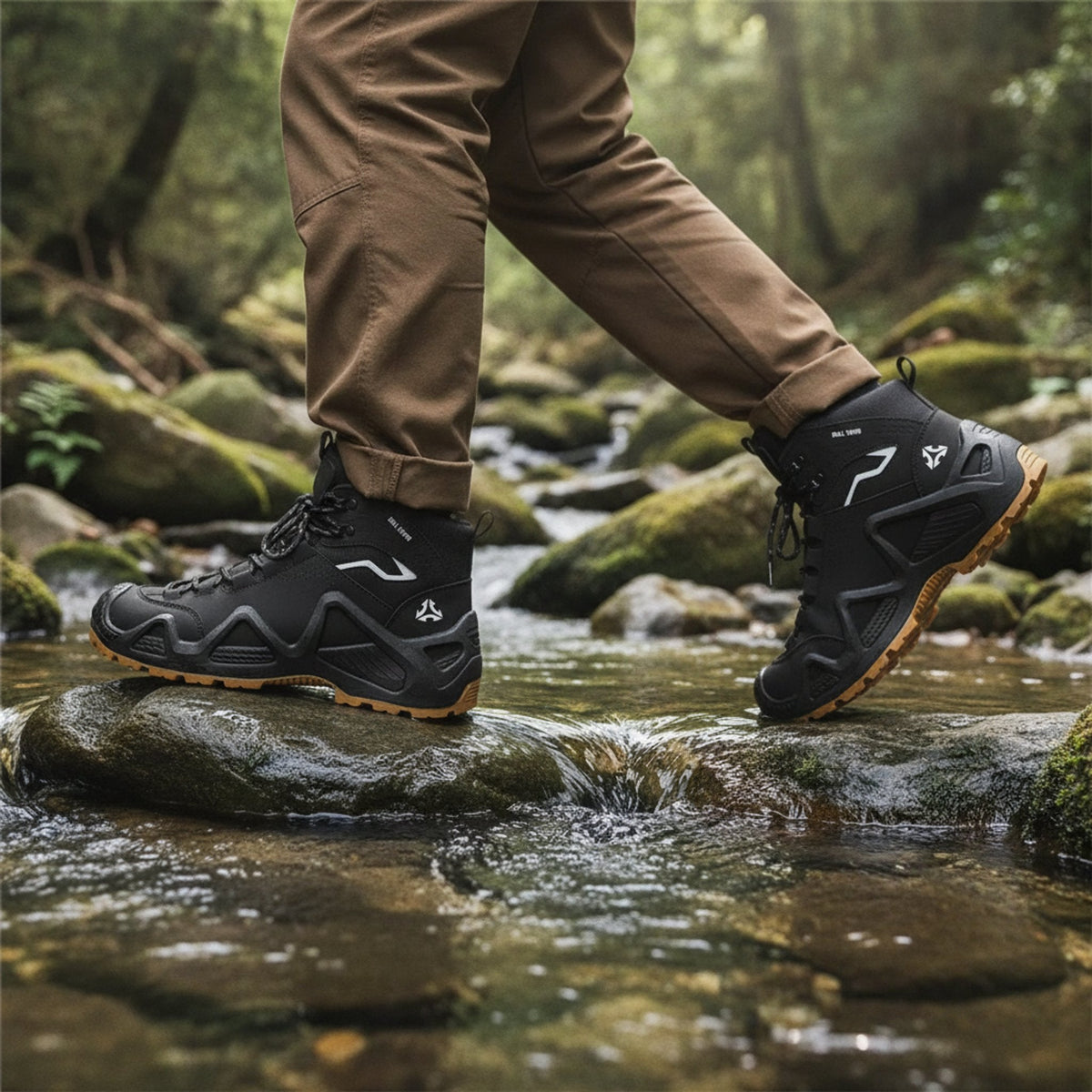 RewanPro Mount – buty trekkingowe, czarne, przejście przez strumień