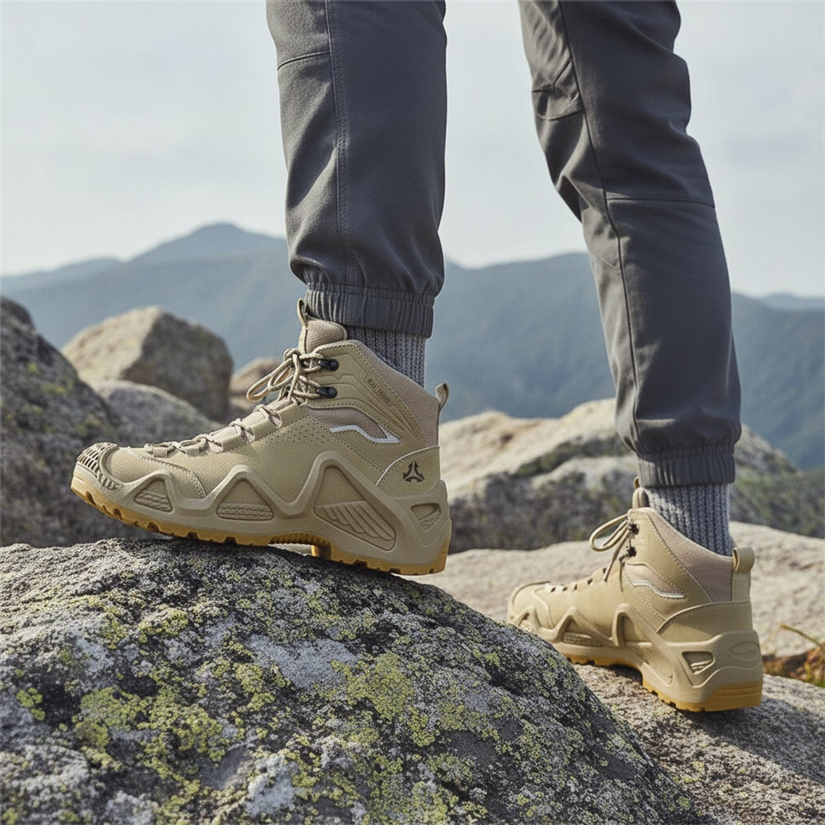 RewanPro Mount – buty trekkingowe, beżowe, stopa na skale na górskim szlaku