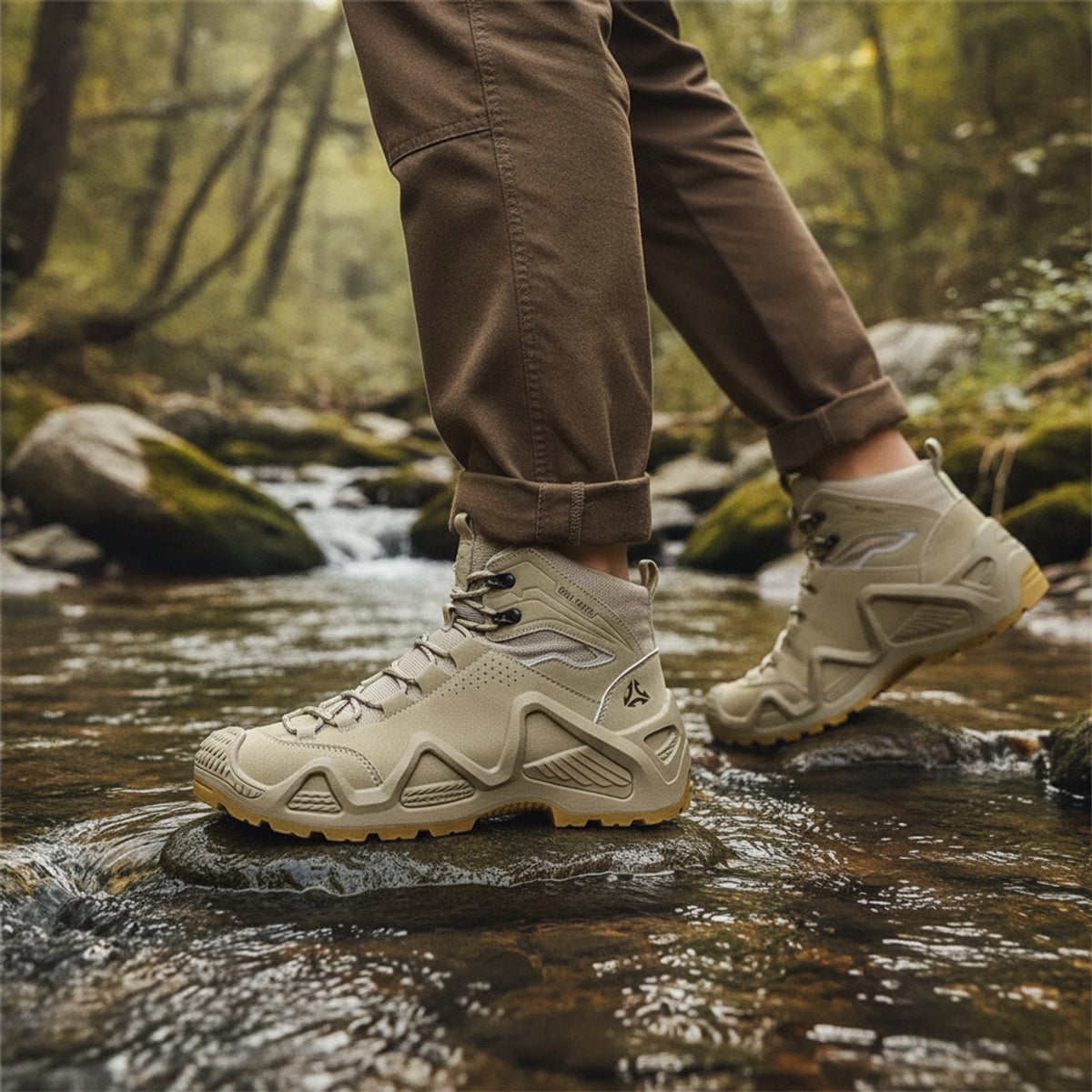 RewanPro Mount – buty trekkingowe, beżowe, przejście przez strumień