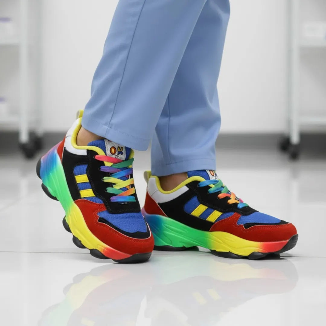 RewanPro Rainbow - noszone z jasnoniebieskim ubraniem roboczym, niebiesko-czerwono-czarne, widok z boku