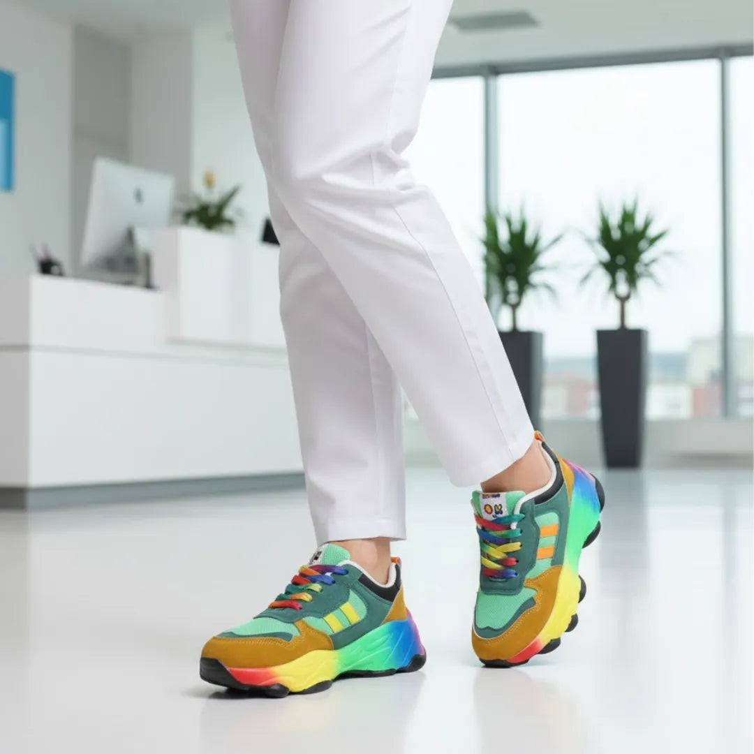 RewanPro Rainbow - noszone z białymi spodniami w jasnym pomieszczeniu, zielono-brązowe z tęczową podeszwą
