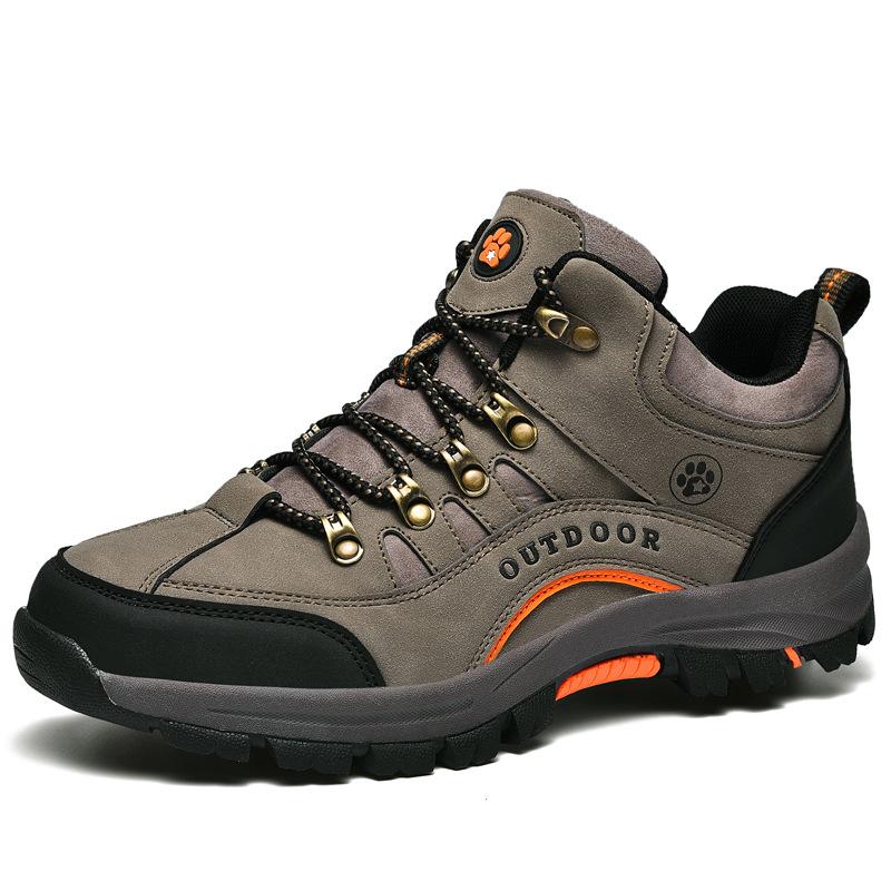 RewanPro - wodoodporne zimowe buty trekkingowe szaro-pomarańczowe, wysokie z grubym bieżnikiem, hero z boku