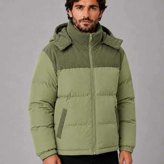 Męska kurtka puchowa colour block z kapturem – zdjęcie 3