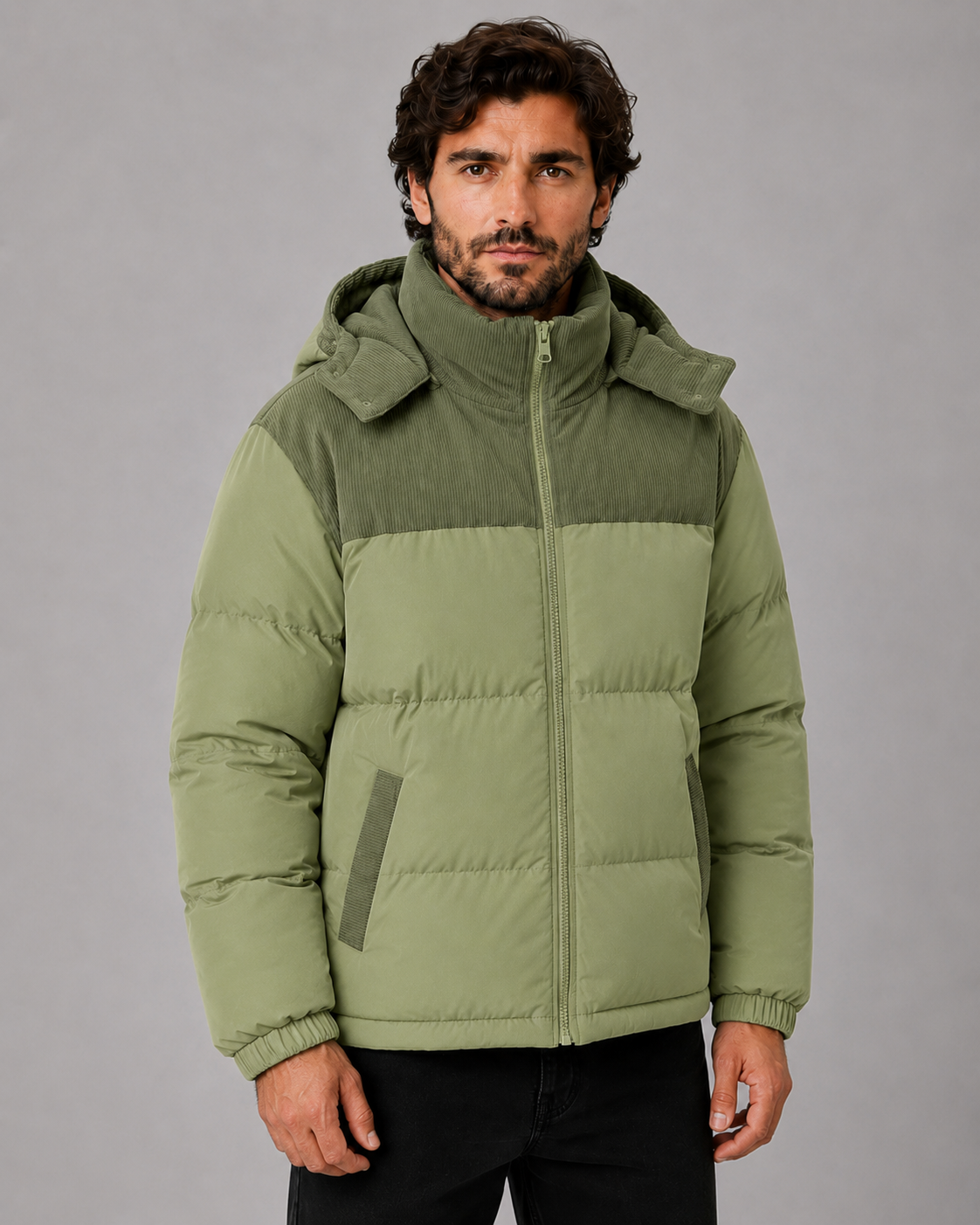 Męska kurtka puchowa colour block z kapturem – zdjęcie 3